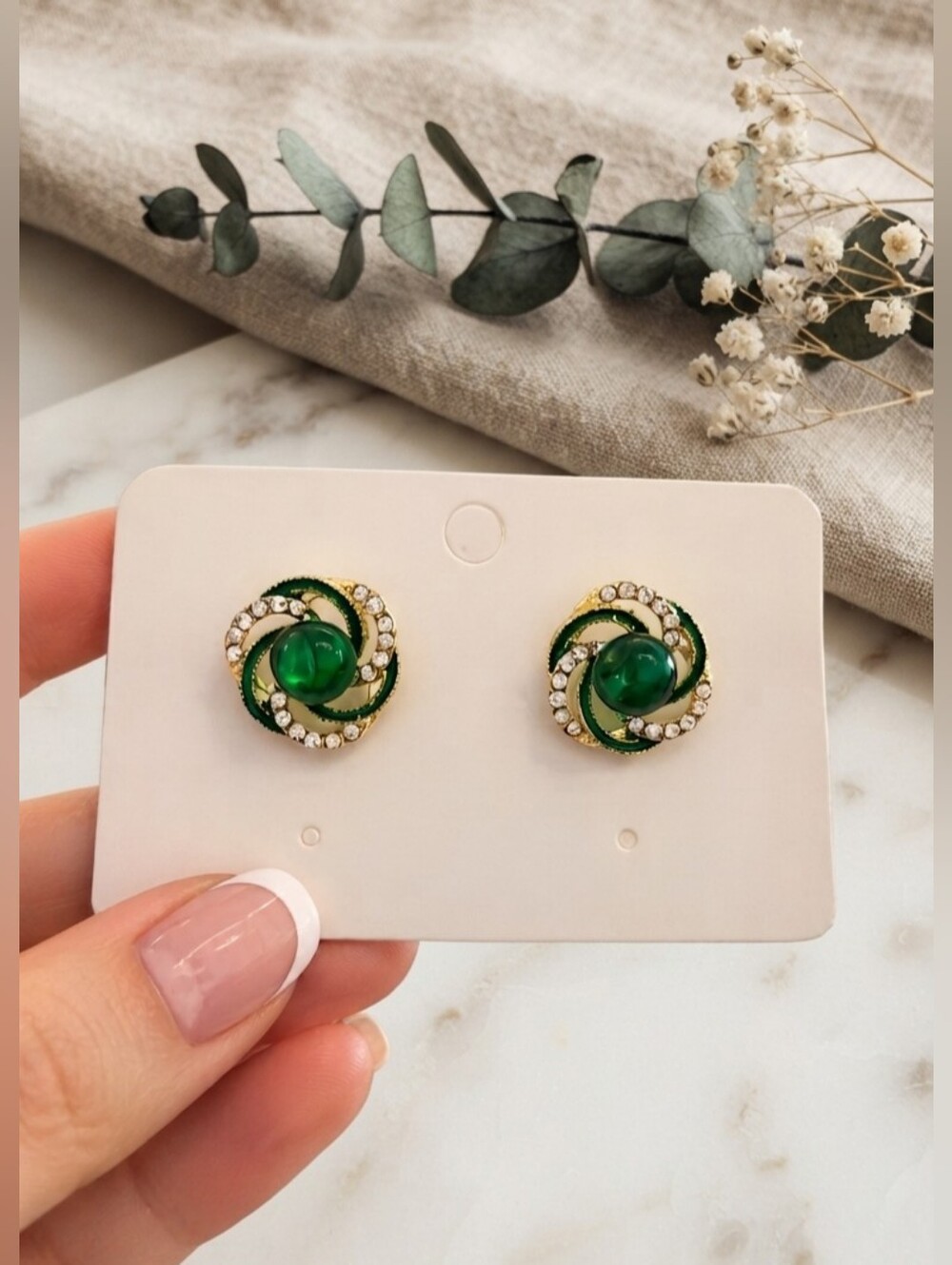 Vintage-Inspired Emerald Green & Gold Crystal Swirl Earrings